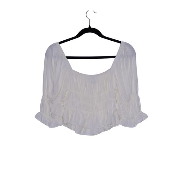 URBAN OUTFITTERS Kate Smocked Ruffle Blouse Ivory Cropped Top Women's XS - Picture 3 of 12